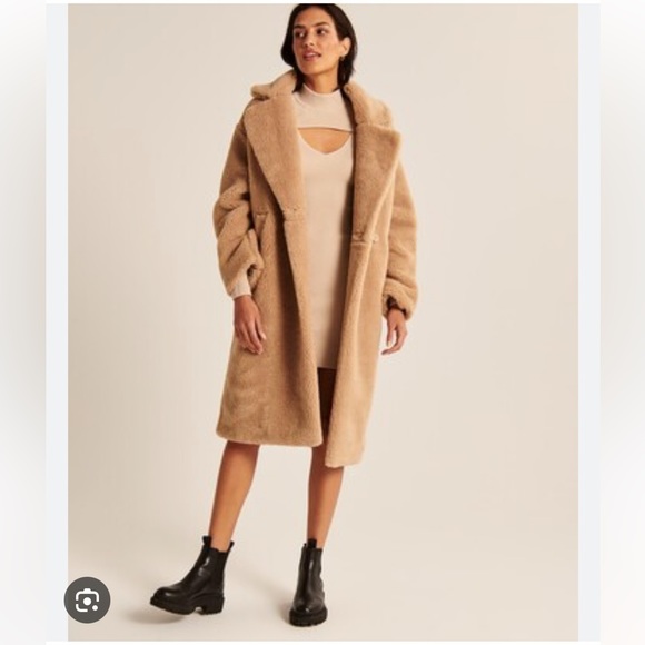 ABERCROMBIE & FITCH Oversized Long Length Sherpa Teddy Coat Tan S Small $180 NWT - Picture 3 of 10